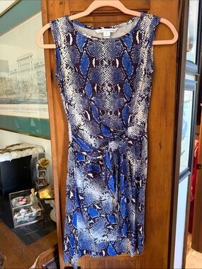 Diane Von Furstenberg Blue and White Snake-Print Tie-Waist Midi Dress